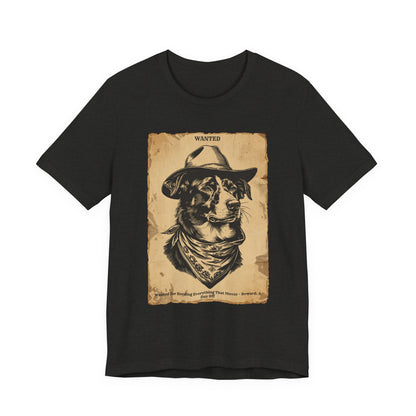 Border Collie Wanted Outlaw t-shirt front view black heather