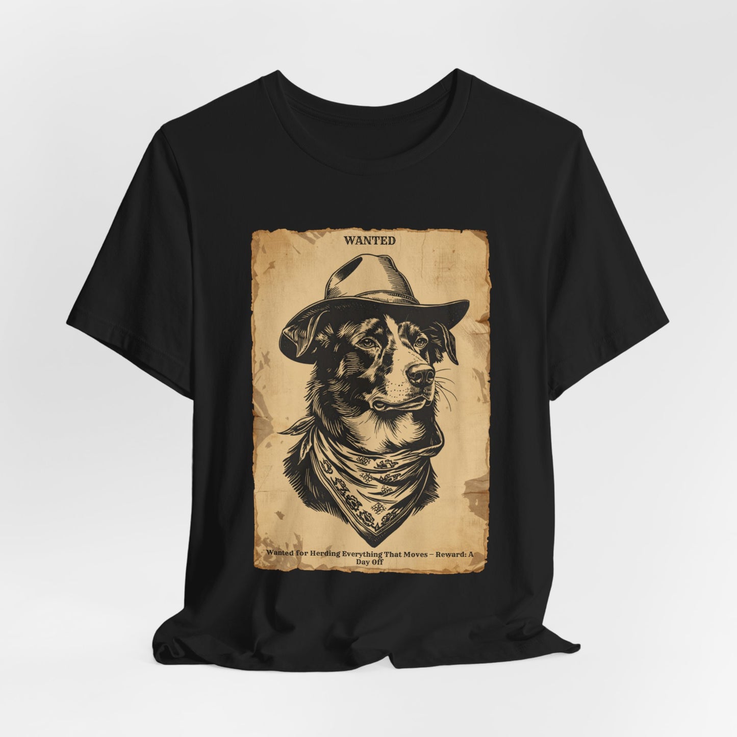 Border Collie Wanted Outlaw t-shirt model wearing dark grey heather