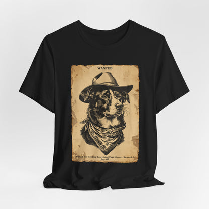 Border Collie Wanted Outlaw t-shirt model wearing dark grey heather