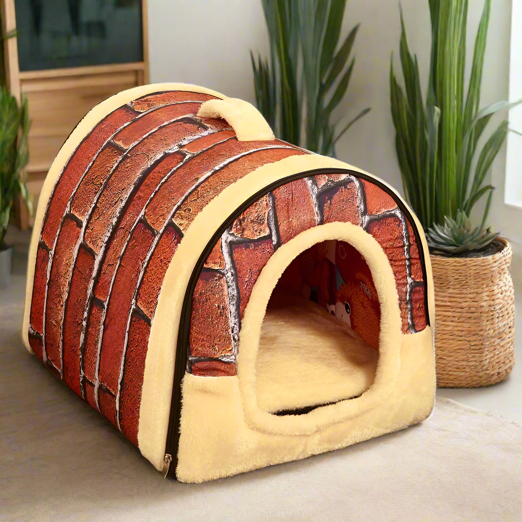 PoshPup DenHouse™ Brick Print dome kennel — realistic brick pattern with cream sherpa trim and arch entrance