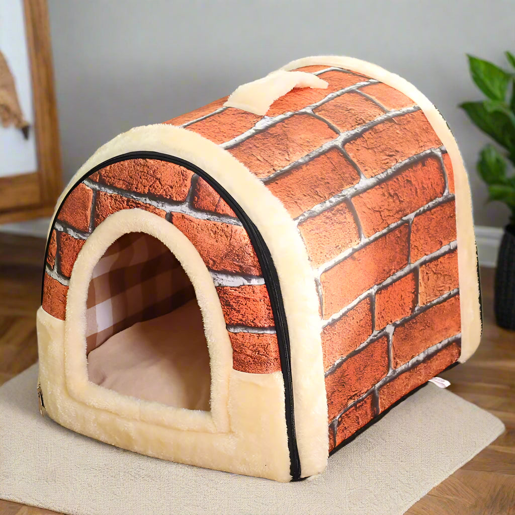 PoshPup DenHouse™ Brick Print dome pet house — large size showing spacious sherpa lined interior