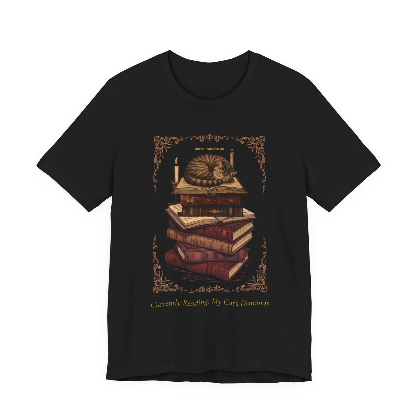 British Shorthair cat t-shirt black colourway on model