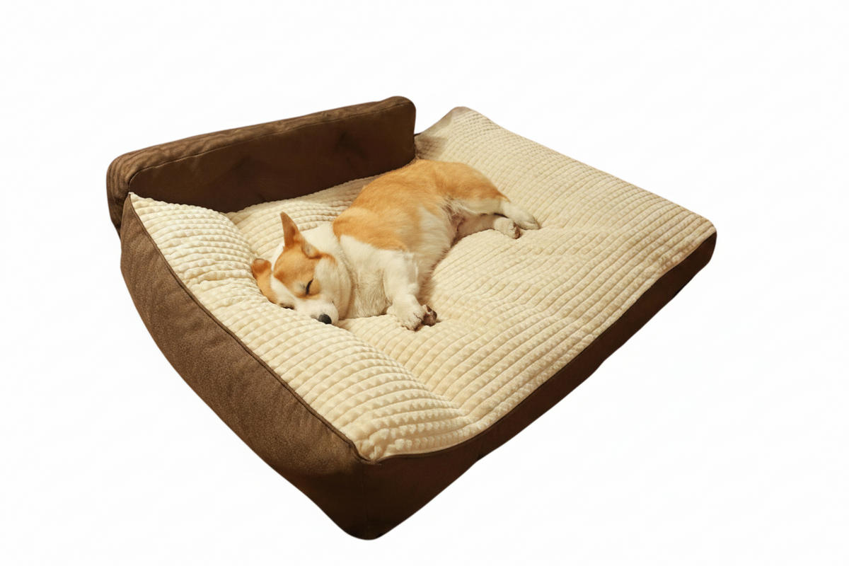 Brown orthopedic dog bed with bolster surround — memory foam pet bed for crates and home — SniffWaggleNWalk