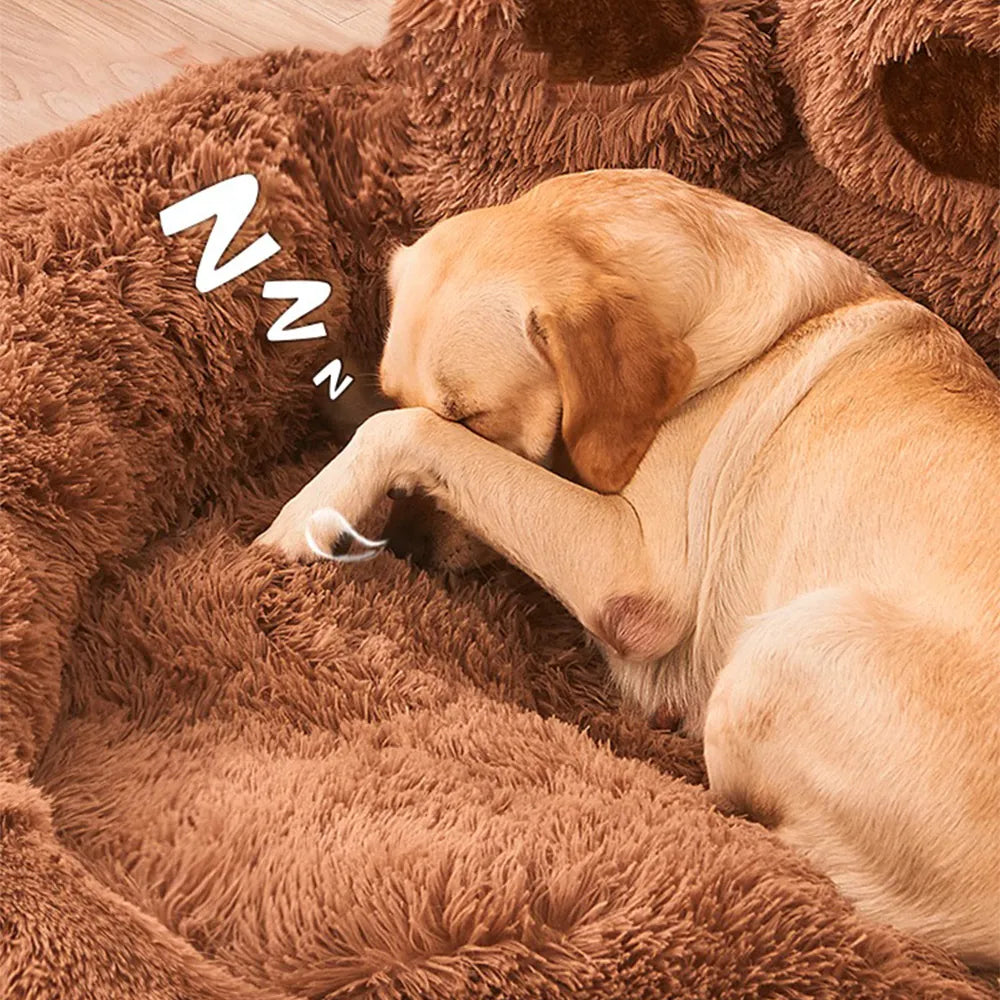 PoshPup PawCloud bear paw plush dog bed in brown with toe-bean bolsters — SniffWaggleNWalk