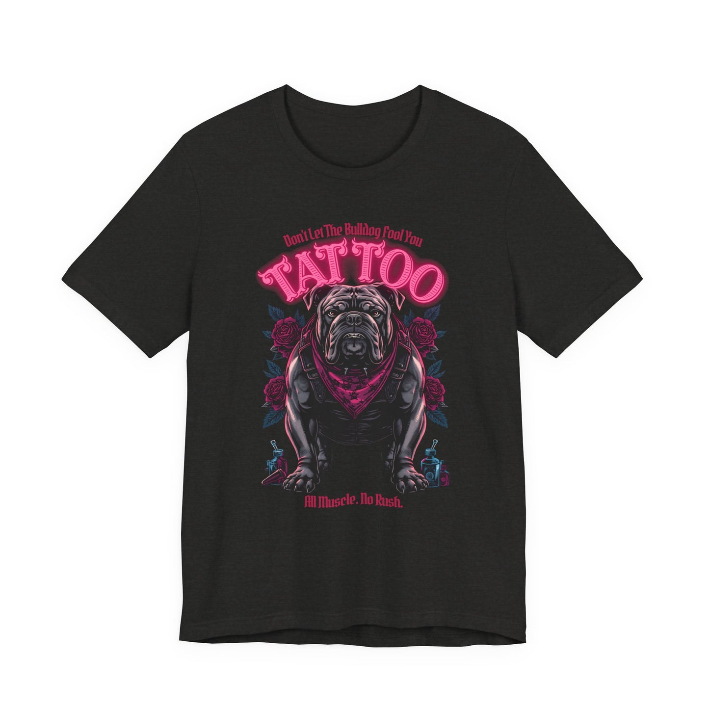 Bulldog Biker Ink Shop t-shirt in black heather, front view