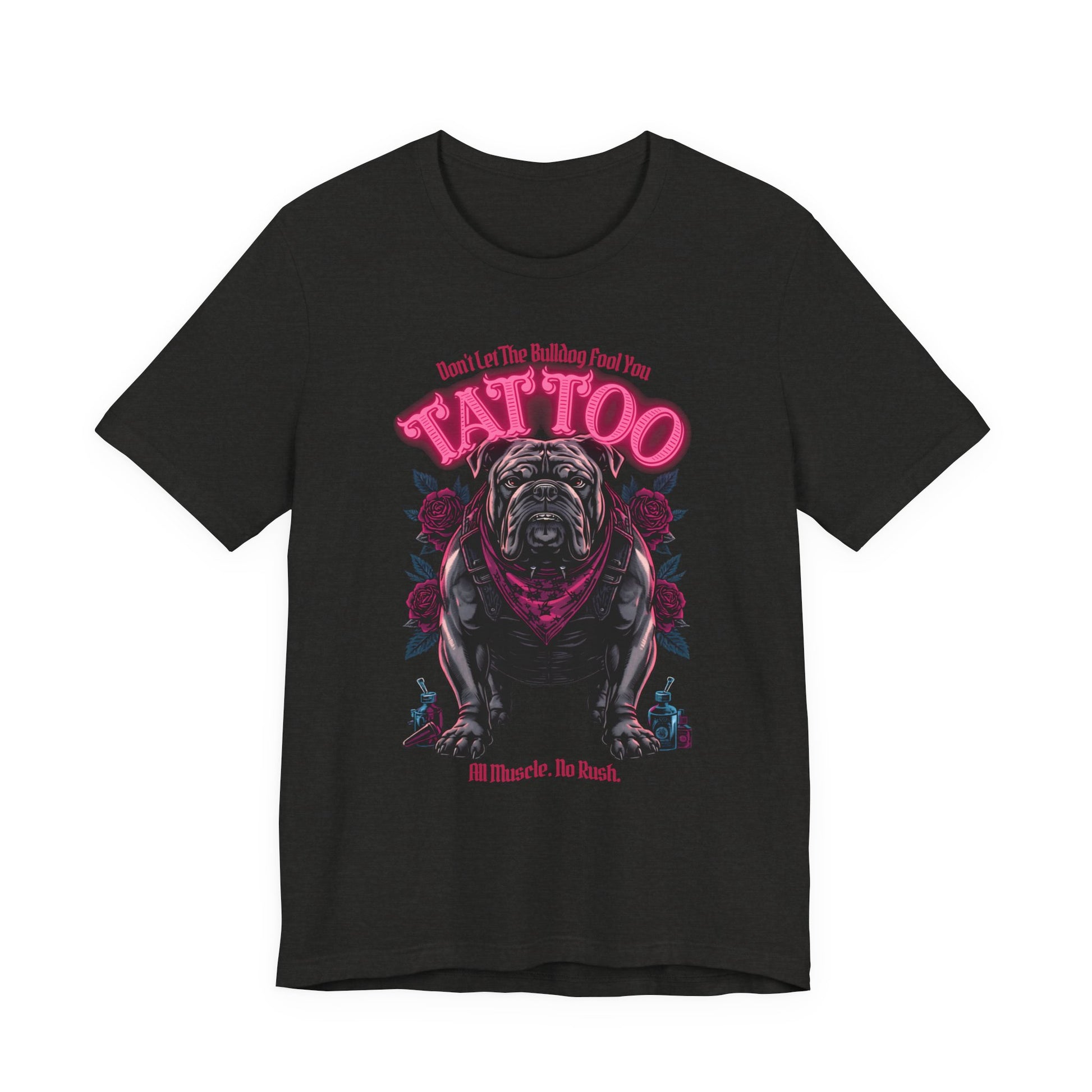 Bulldog Biker Ink Shop t-shirt in black heather, front view