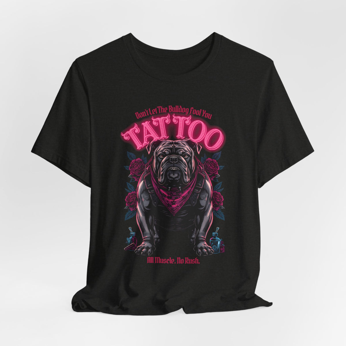 Bulldog Biker Ink Shop t-shirt in black heather, lifestyle photo