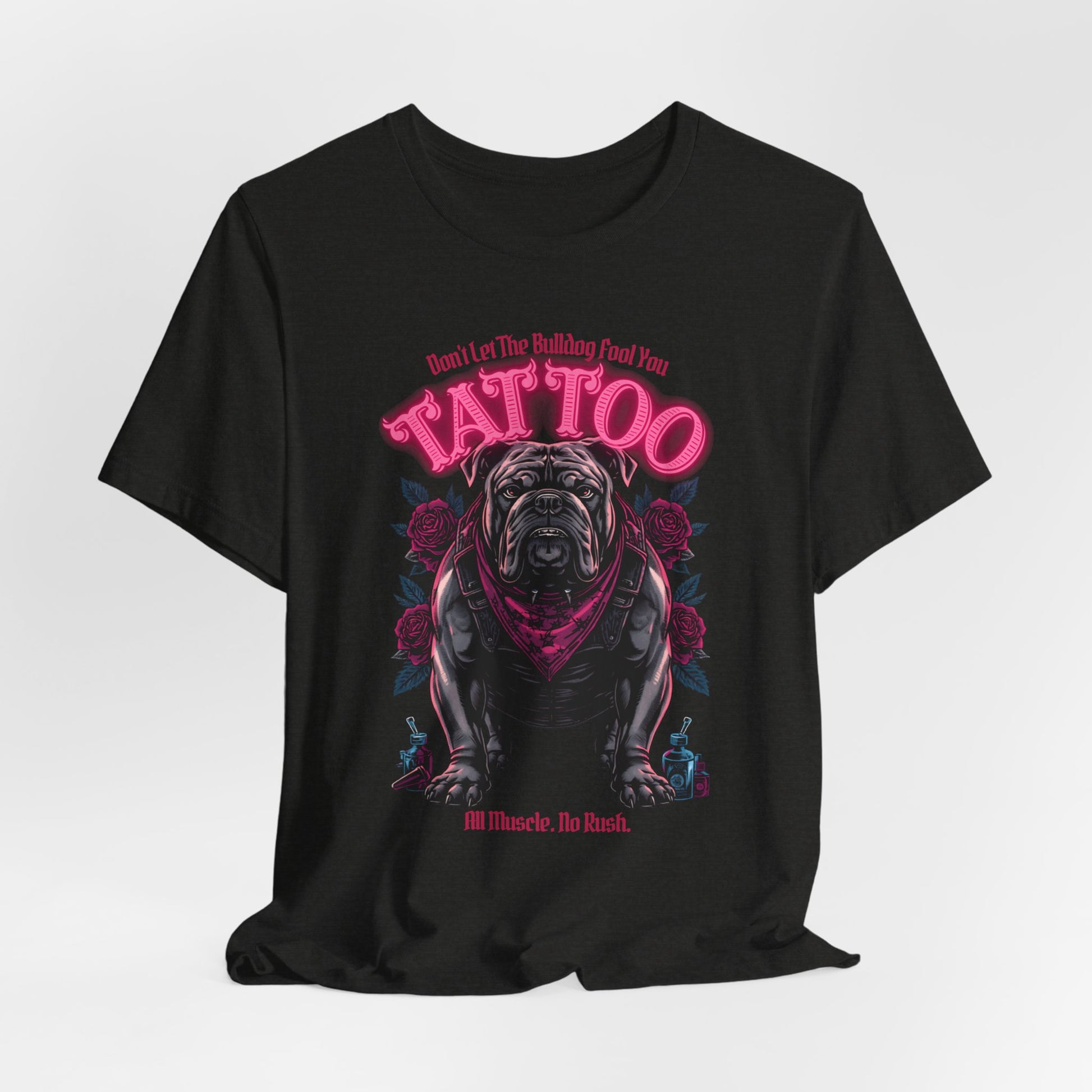 Bulldog Biker Ink Shop t-shirt in black heather, lifestyle photo