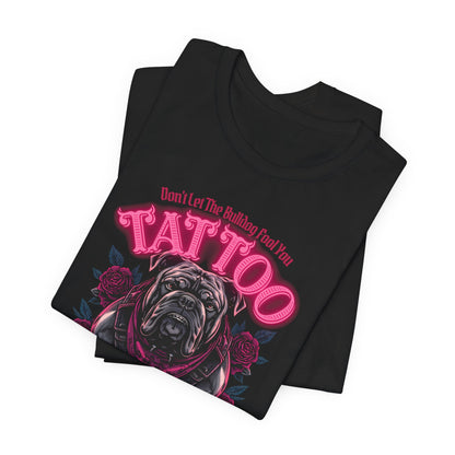 Bulldog Biker Ink Shop t-shirt in dark grey heather, back view