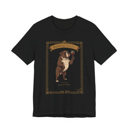 Close-up of Bulldog Breed Sommelier print detail on black t-shirt