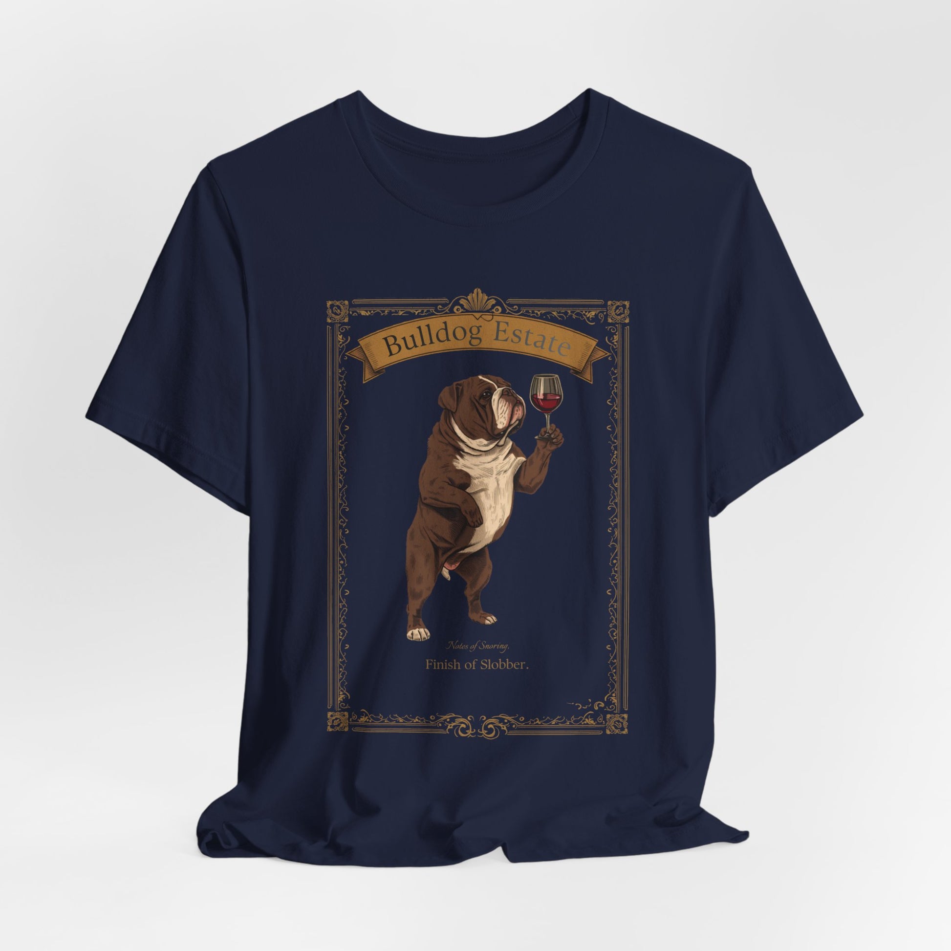 Close-up of Bulldog Breed Sommelier print detail on black heather t-shirt