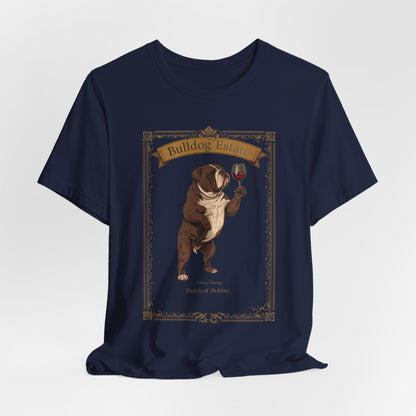 Close-up of Bulldog Breed Sommelier print detail on black heather t-shirt