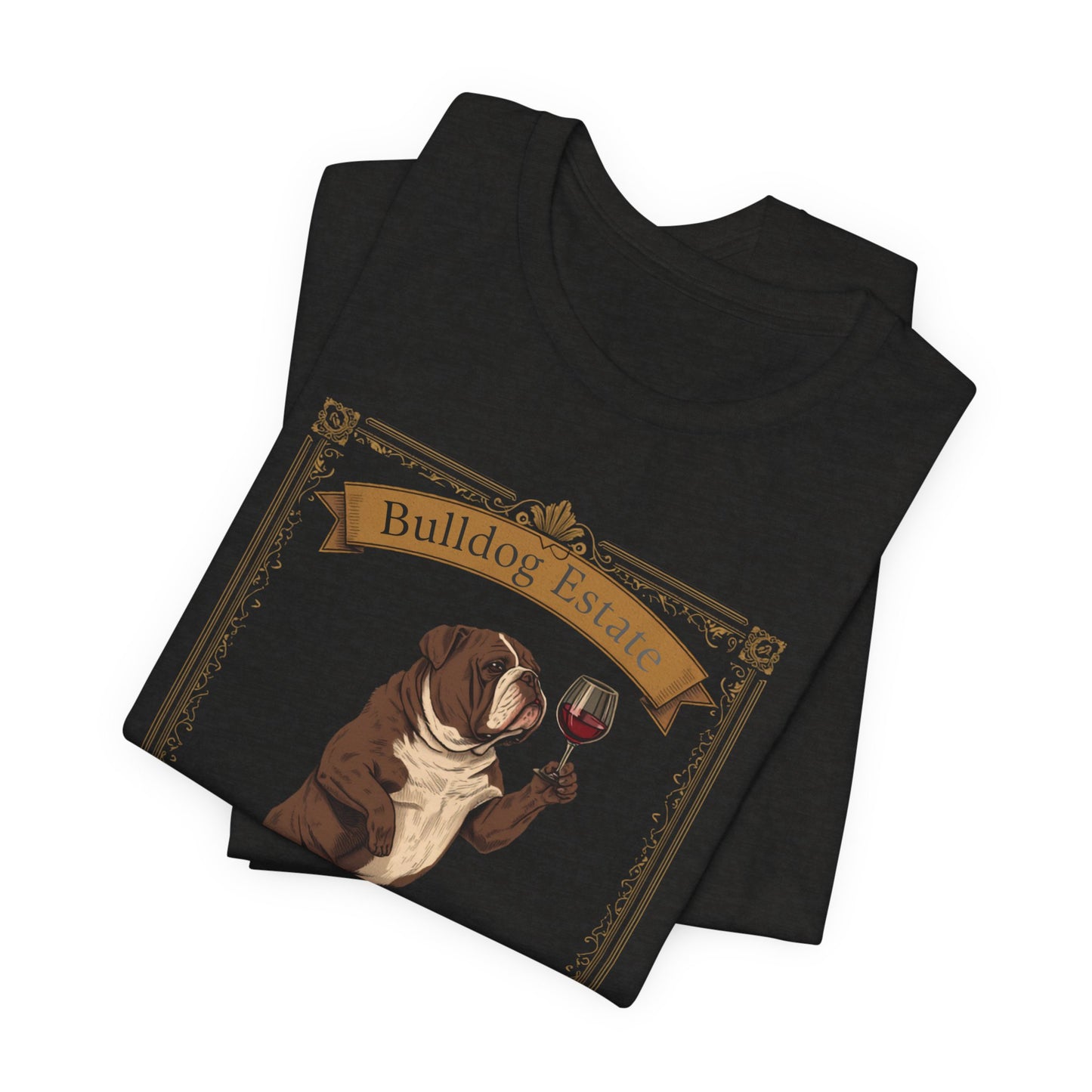 Close-up of Bulldog Breed Sommelier print detail on dark grey heather t-shirt, alternate angle