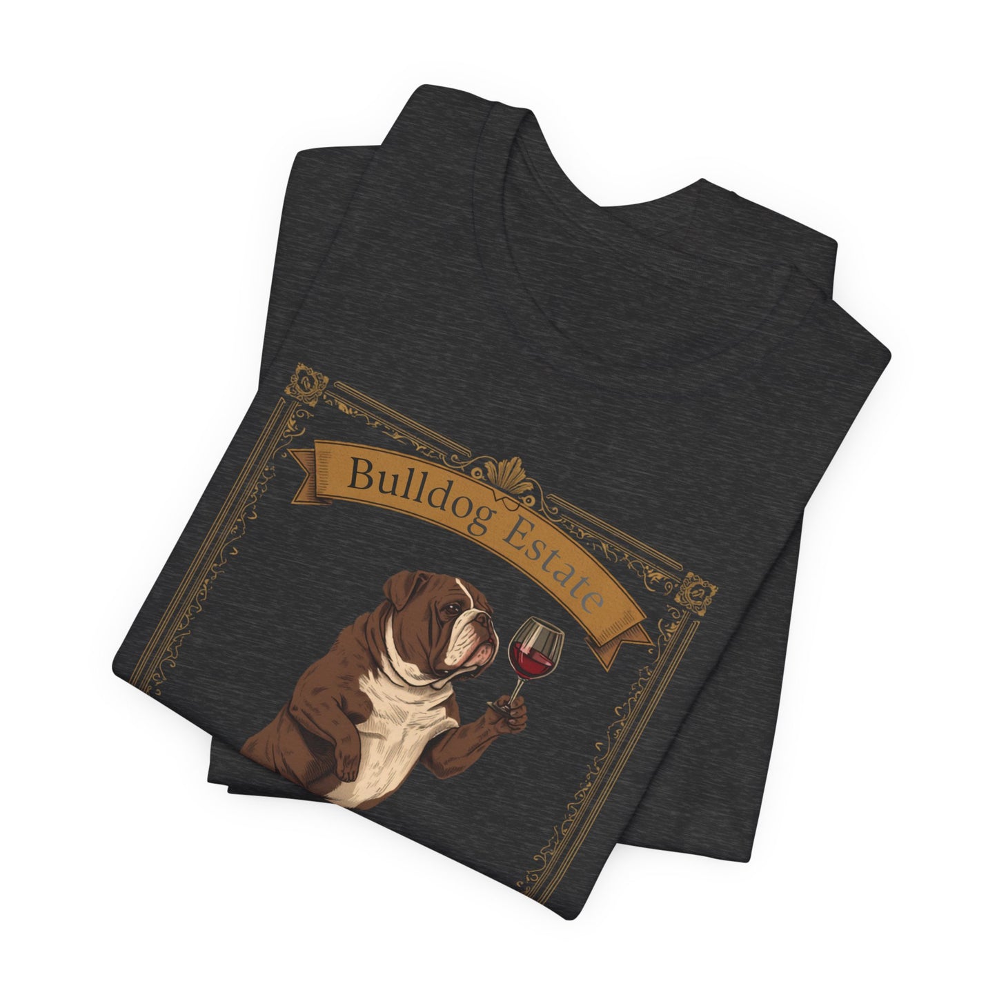 Close-up of Bulldog Breed Sommelier print detail on navy t-shirt