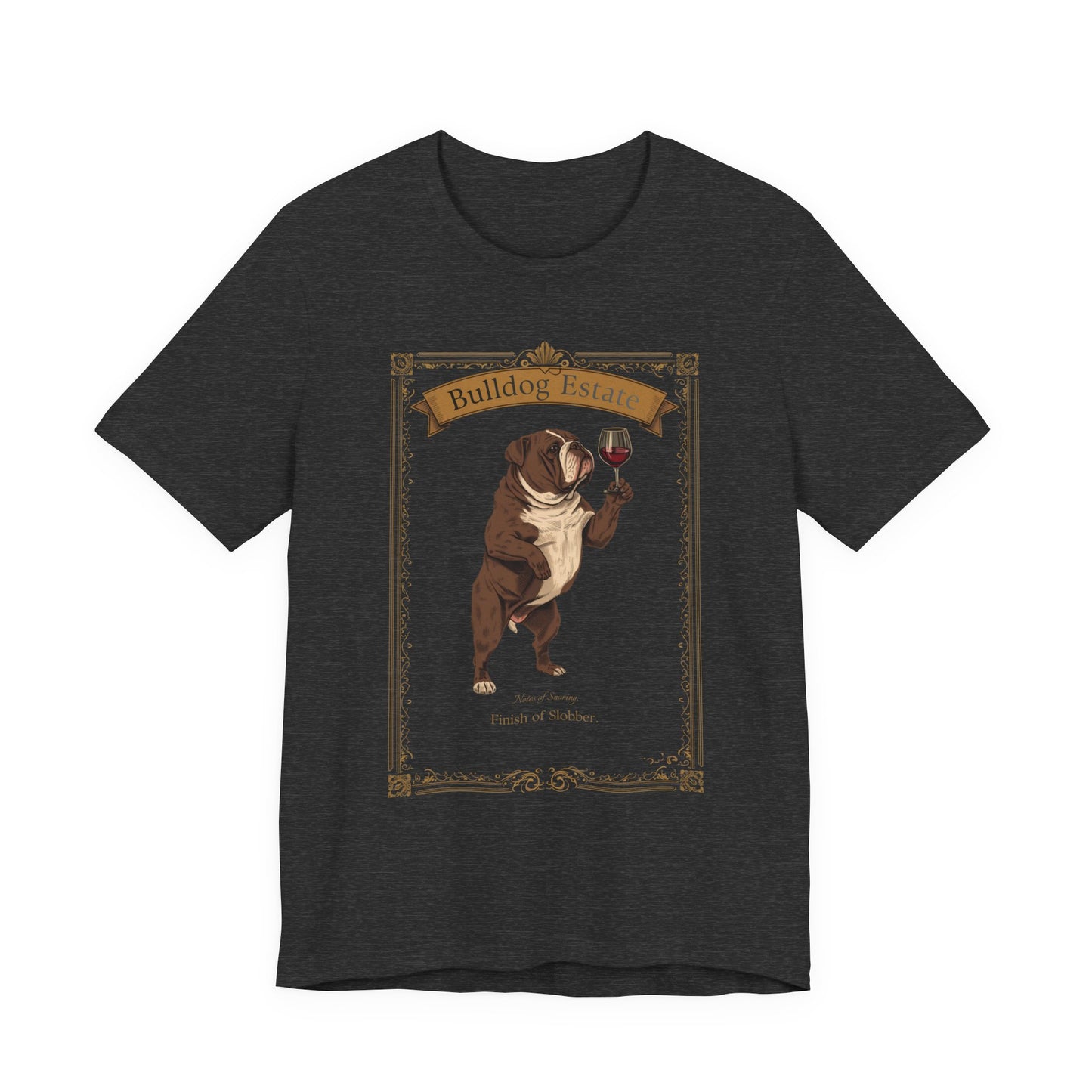 Model wearing Bulldog Breed Sommelier t-shirt in navy, alternate angle