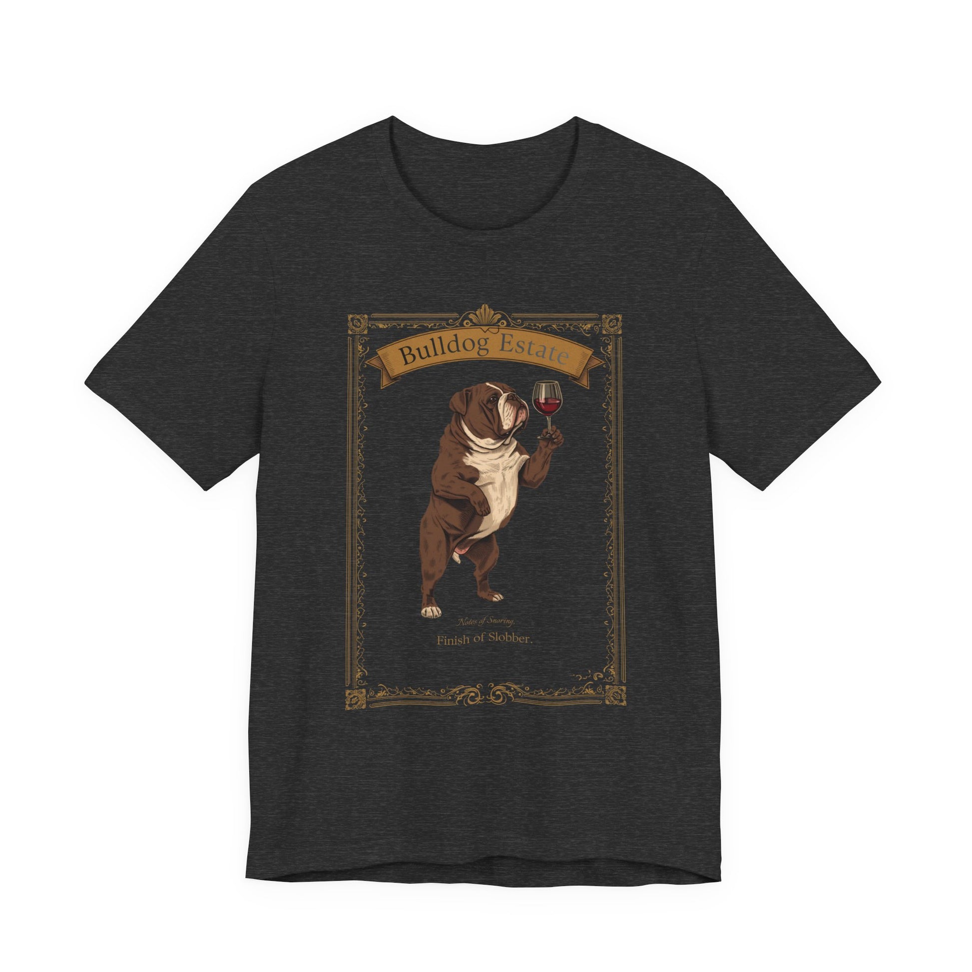 Model wearing Bulldog Breed Sommelier t-shirt in navy, alternate angle