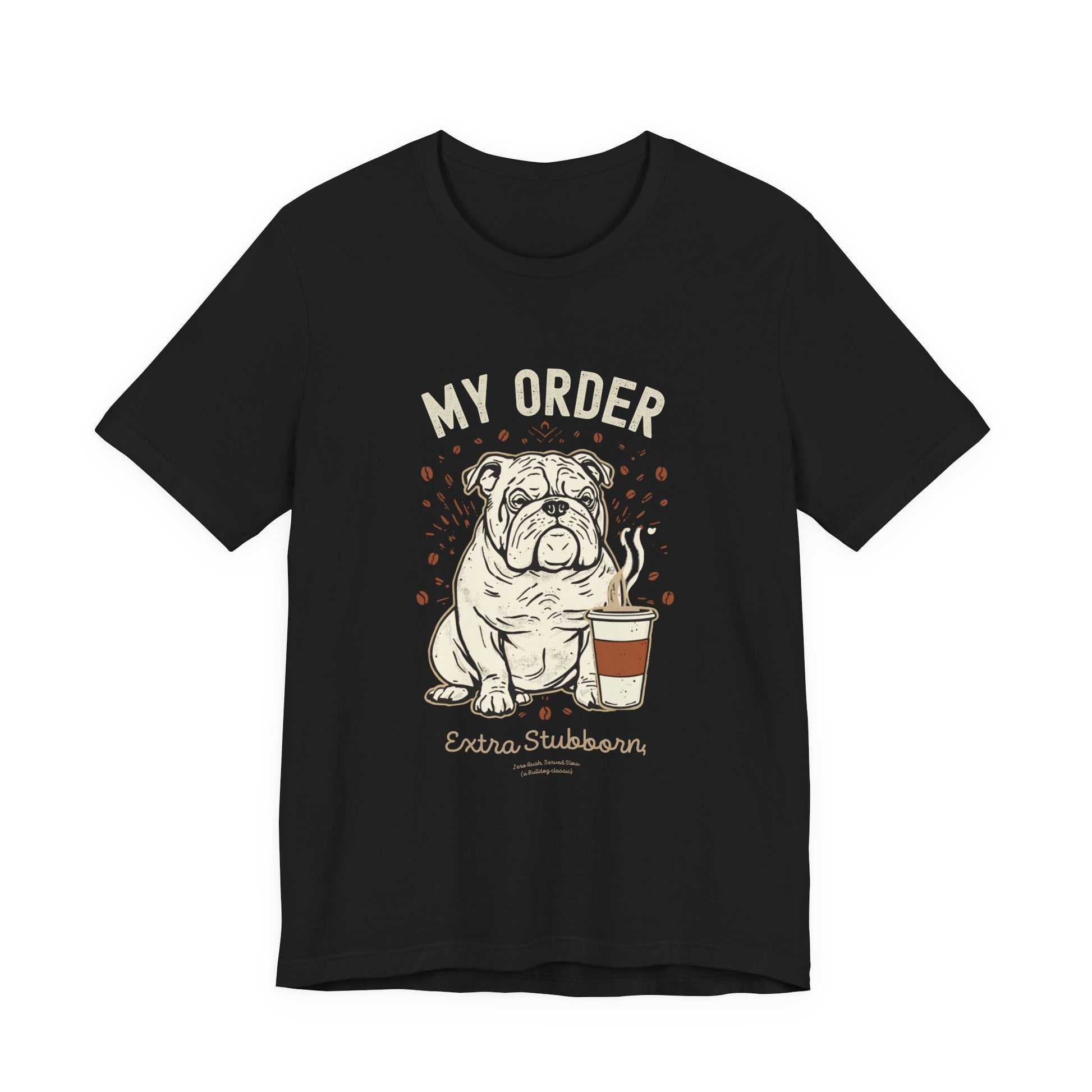 Bulldog Café Order T-Shirt – Black – Flat Lay