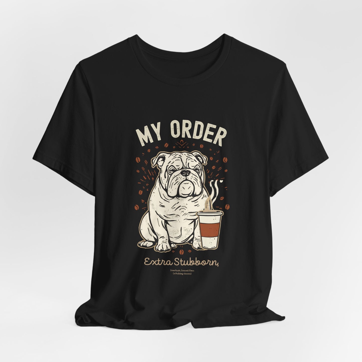 Bulldog Café Order T-Shirt – Dark Grey Heather – Side View