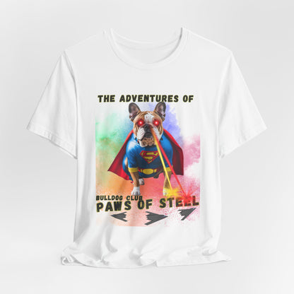 Bulldog Club Paws of Steel tee — Red lifestyle shot, casual unisex fit on model — SniffWaggleNWalk™