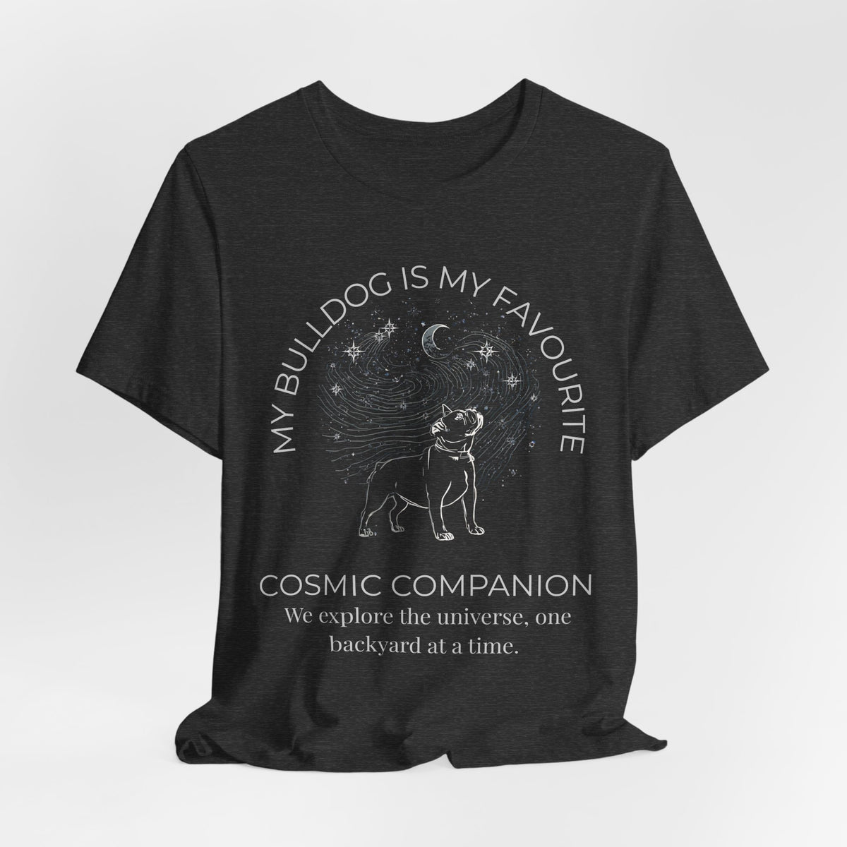 Bulldog Cosmic Companion T-Shirt worn by model outdoors