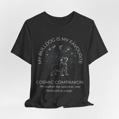 Bulldog Cosmic Companion T-Shirt worn by model outdoors