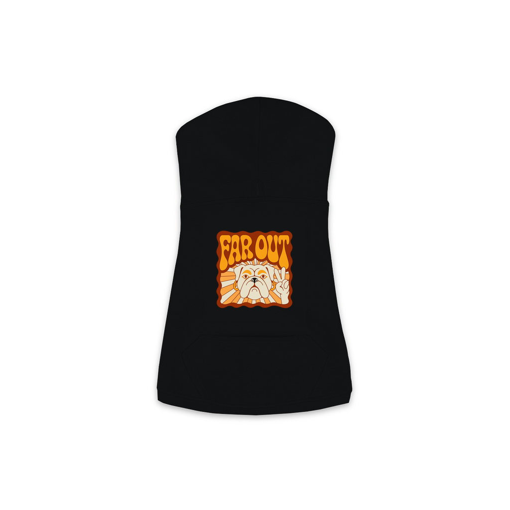 Bulldog Far Out dog hoodie in Black, sizes XS-M