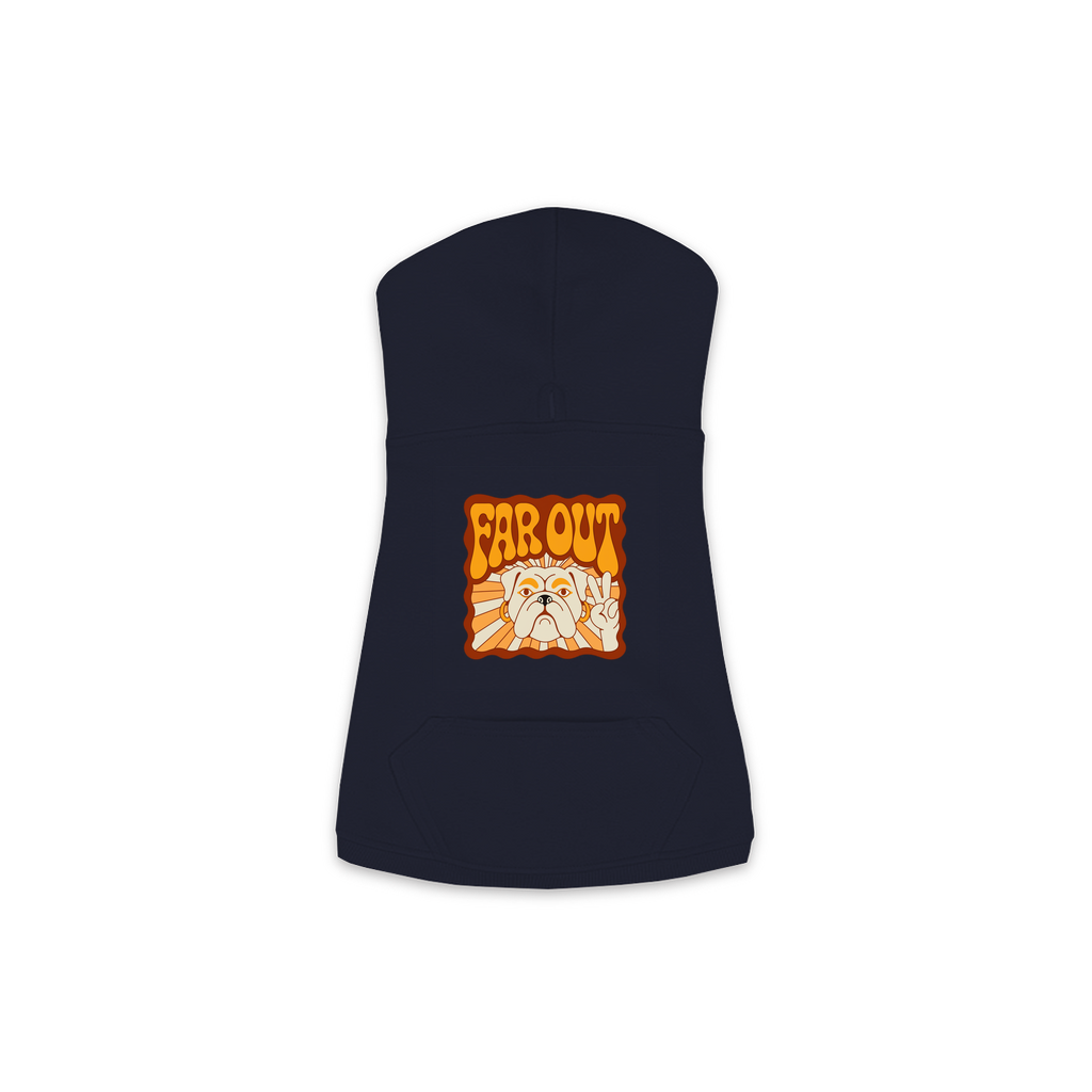 Bulldog Far Out dog hoodie in Navy, sizes XS-M