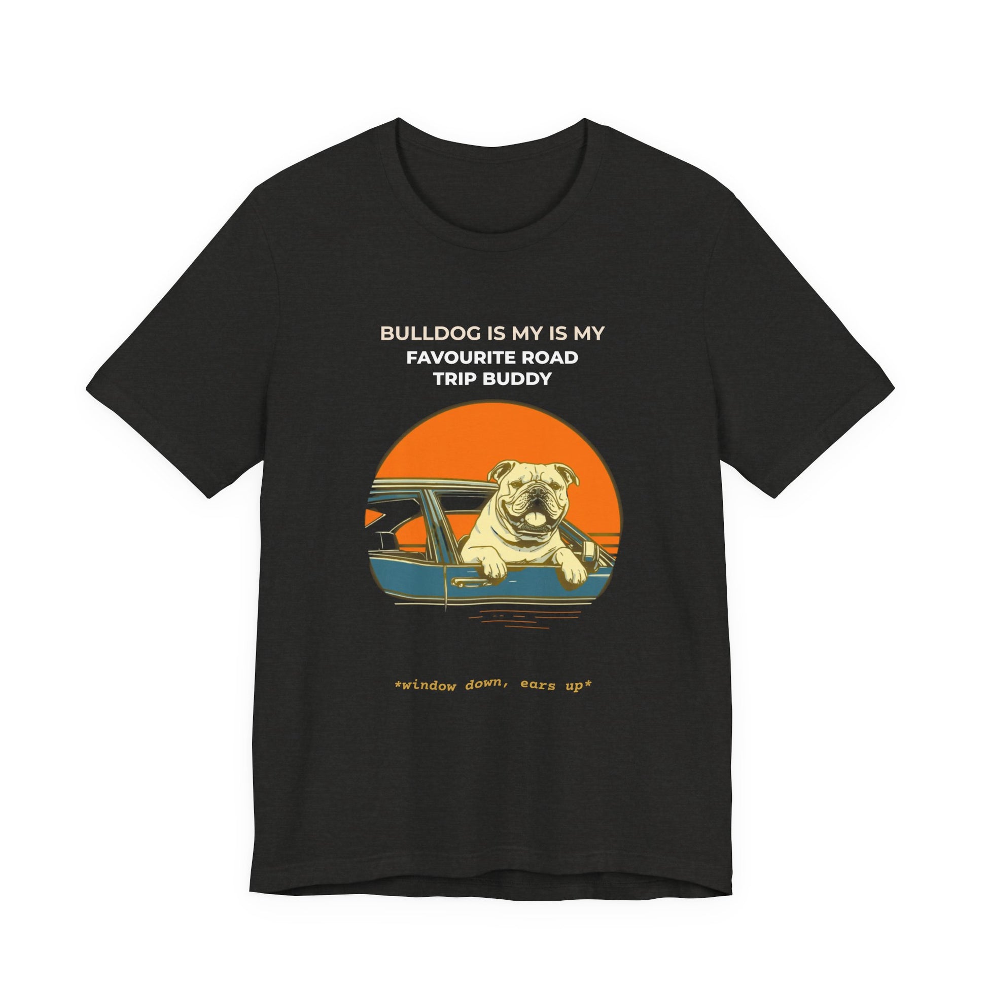 Bulldog Road Trip Buddy t-shirt — funny Bulldog travel tee on Bella+Canvas 3001, view 12