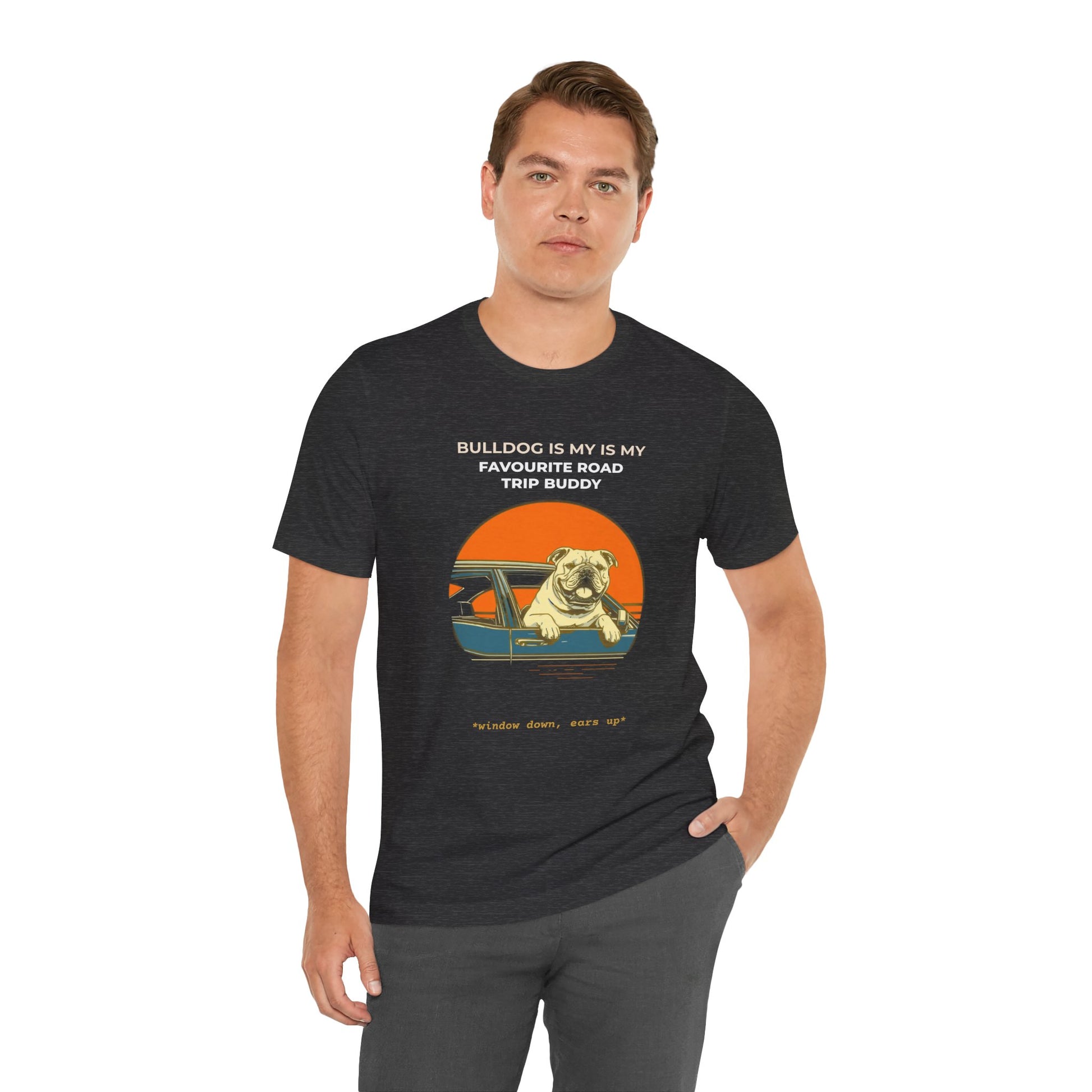 Bulldog Road Trip Buddy t-shirt — funny Bulldog travel tee on Bella+Canvas 3001, view 17