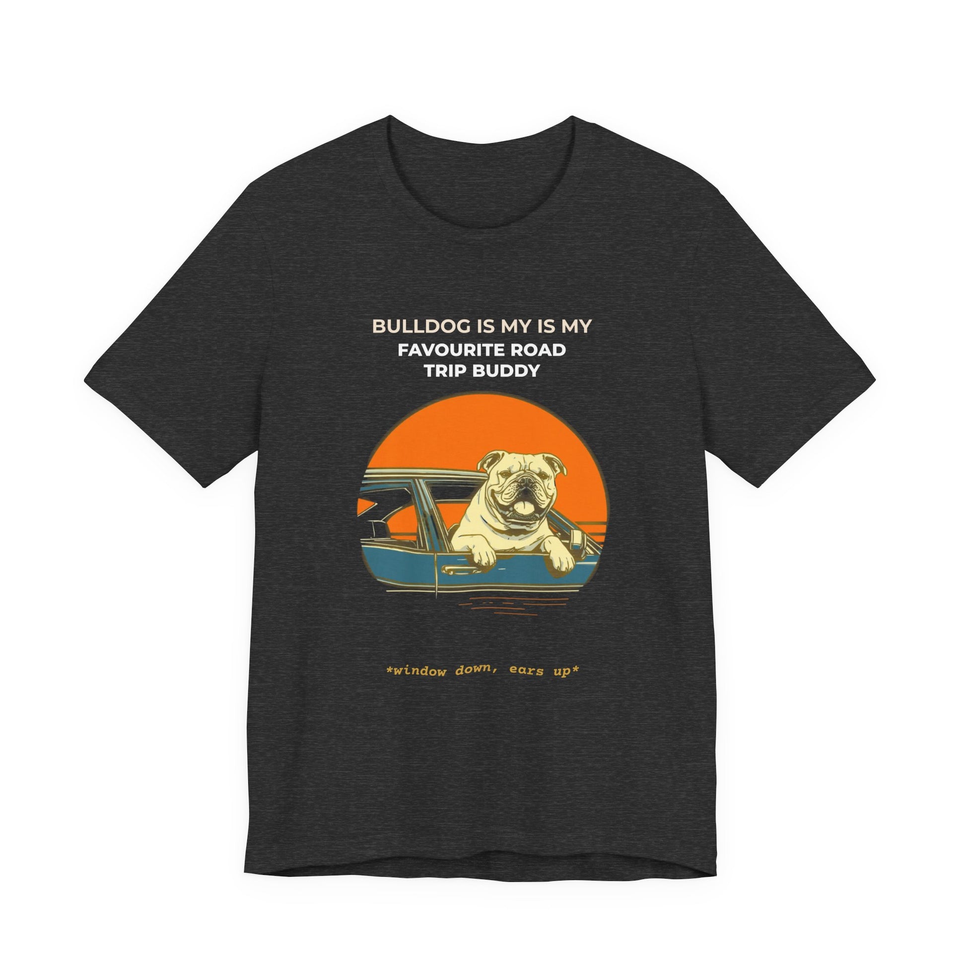 Bulldog Road Trip Buddy t-shirt — funny Bulldog travel tee on Bella+Canvas 3001, view 18