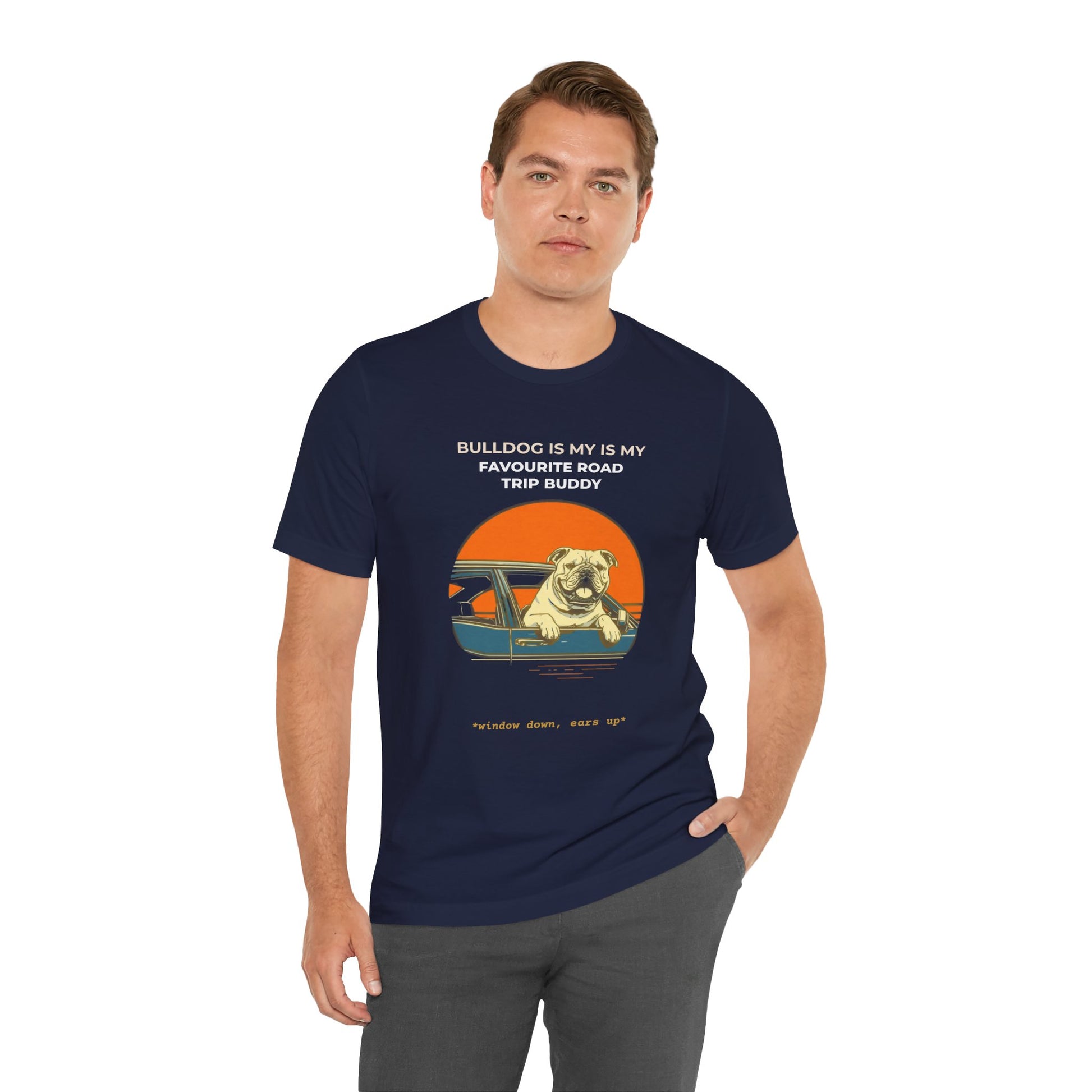 Bulldog Road Trip Buddy t-shirt — funny Bulldog travel tee on Bella+Canvas 3001, view 23