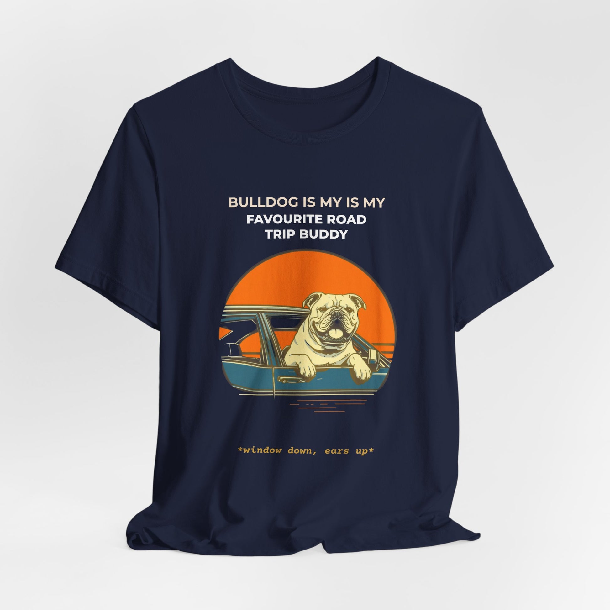 Bulldog Road Trip Buddy t-shirt — funny Bulldog travel tee on Bella+Canvas 3001, view 27