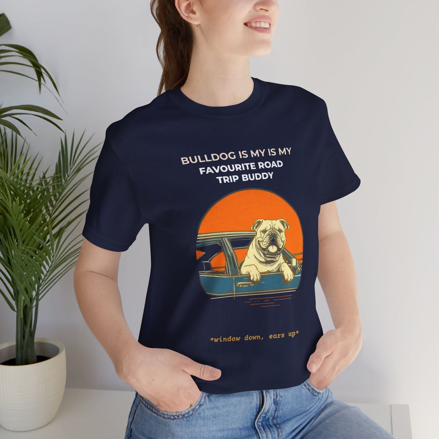 Bulldog Road Trip Buddy t-shirt — funny Bulldog travel tee on Bella+Canvas 3001, view 4
