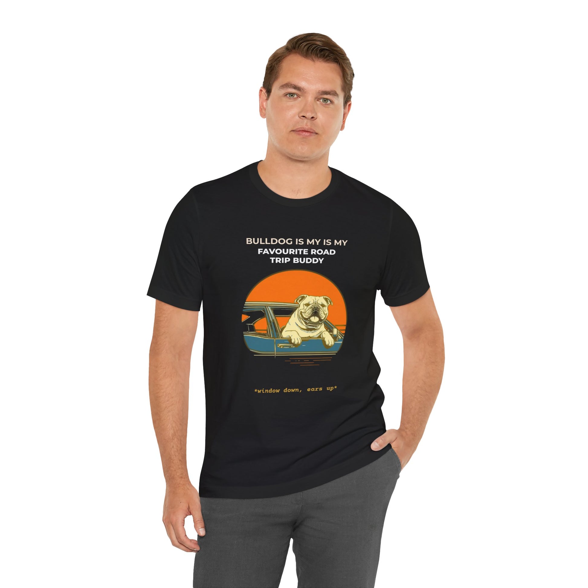Bulldog Road Trip Buddy t-shirt — funny Bulldog travel tee on Bella+Canvas 3001, view 5