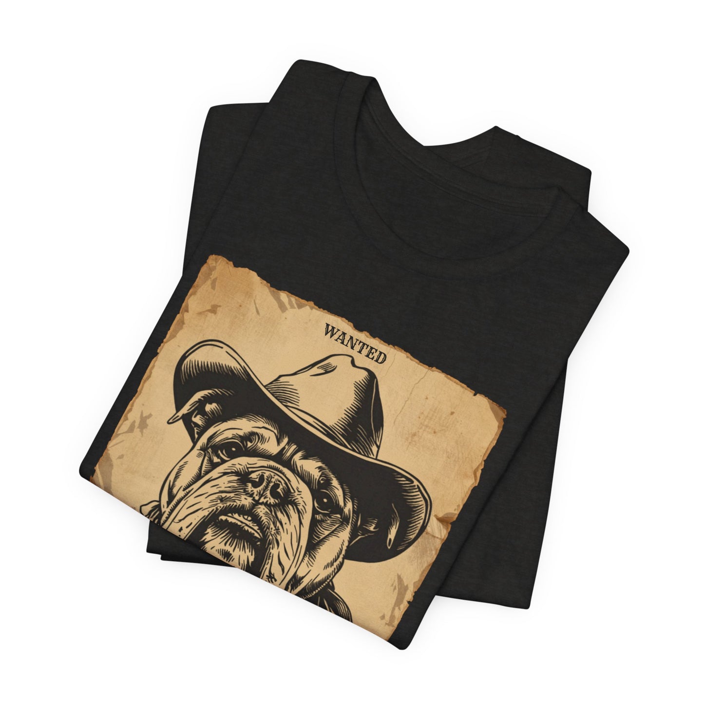 Bulldog Wanted Outlaw t-shirt model wearing black heather