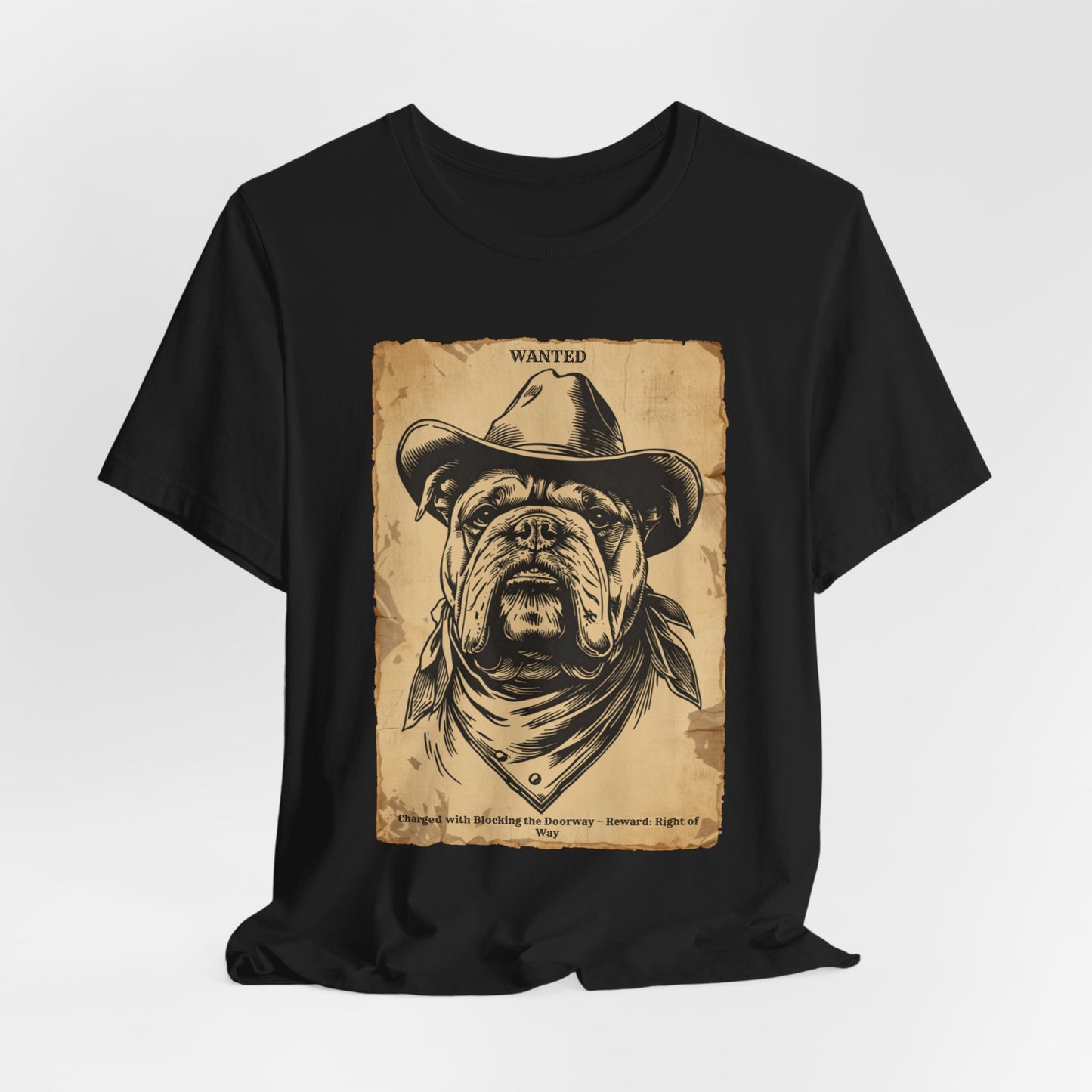 Bulldog Wanted Outlaw t-shirt model wearing dark grey heather