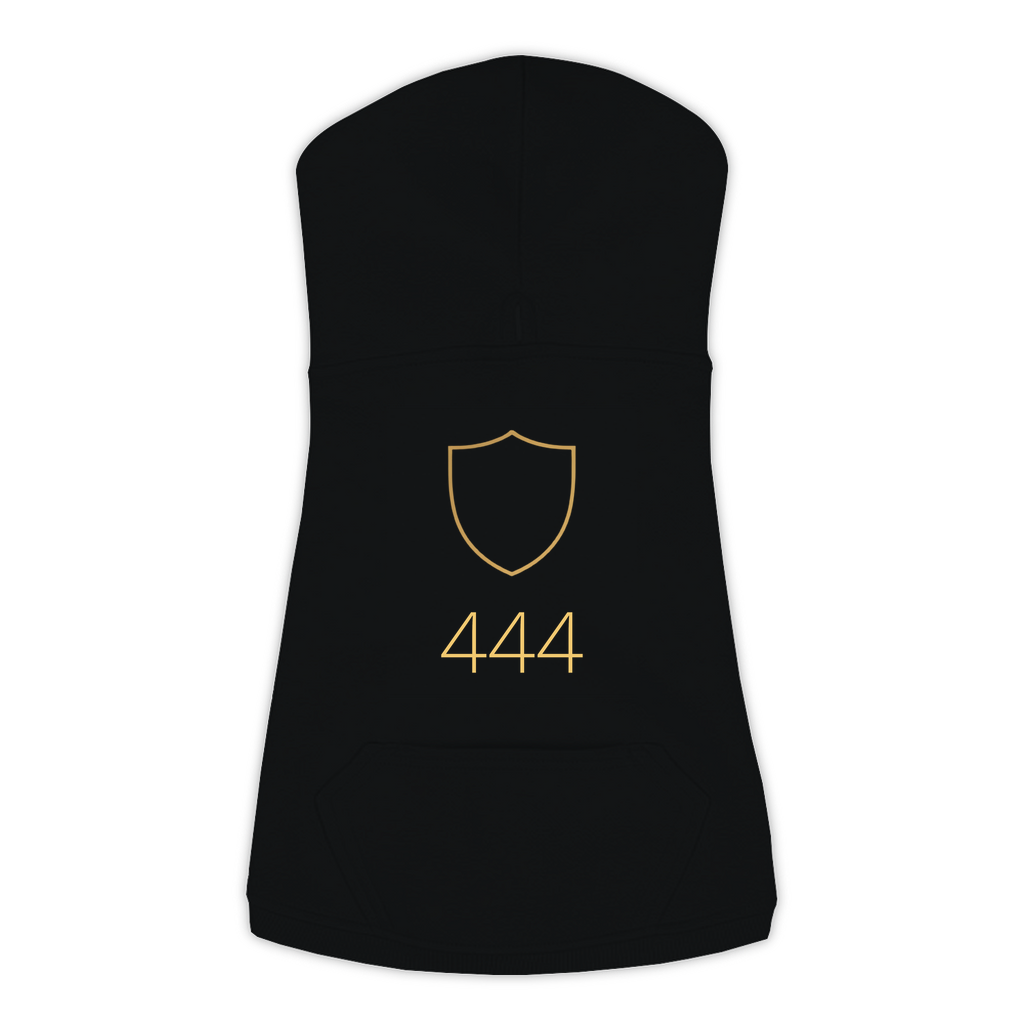 444 Angel Number dog hoodie in Black — gold shield emblem and '444' print on Doggie Skins fleece pullover