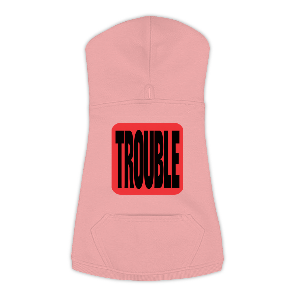 Trouble dog hoodie in Mauvelous, large sizes — bold red TROUBLE badge print on cosy fleece pullover