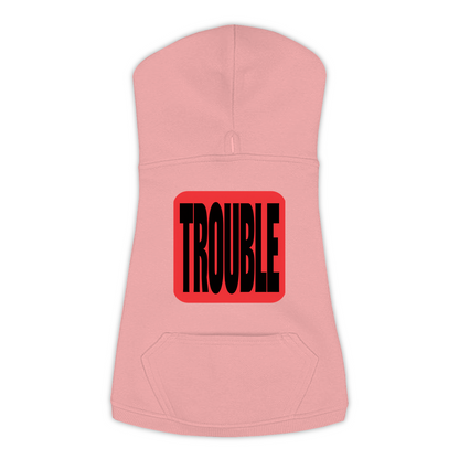 Trouble dog hoodie in Mauvelous, large sizes — bold red TROUBLE badge print on cosy fleece pullover