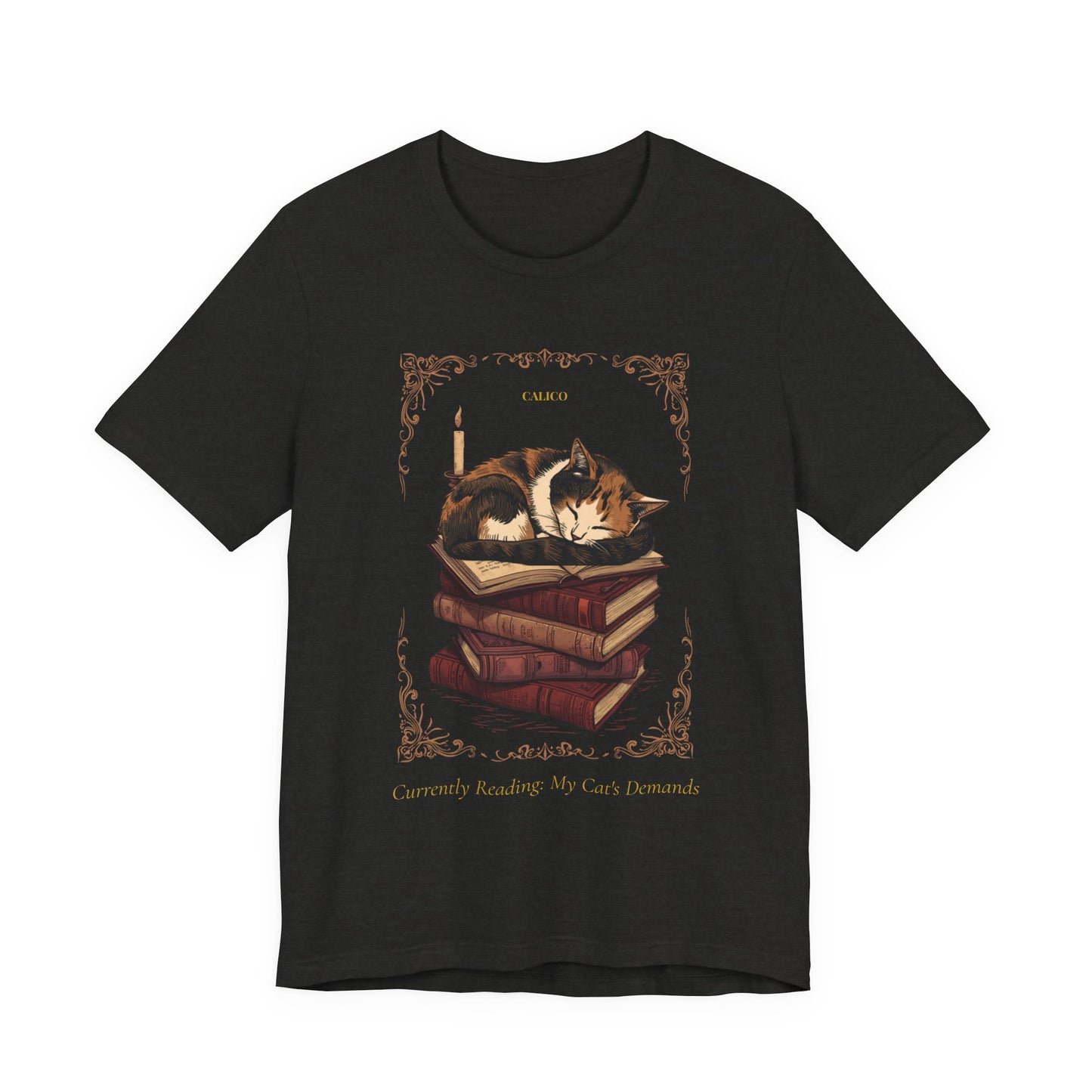 Model wearing the Calico Cat tee, front pose