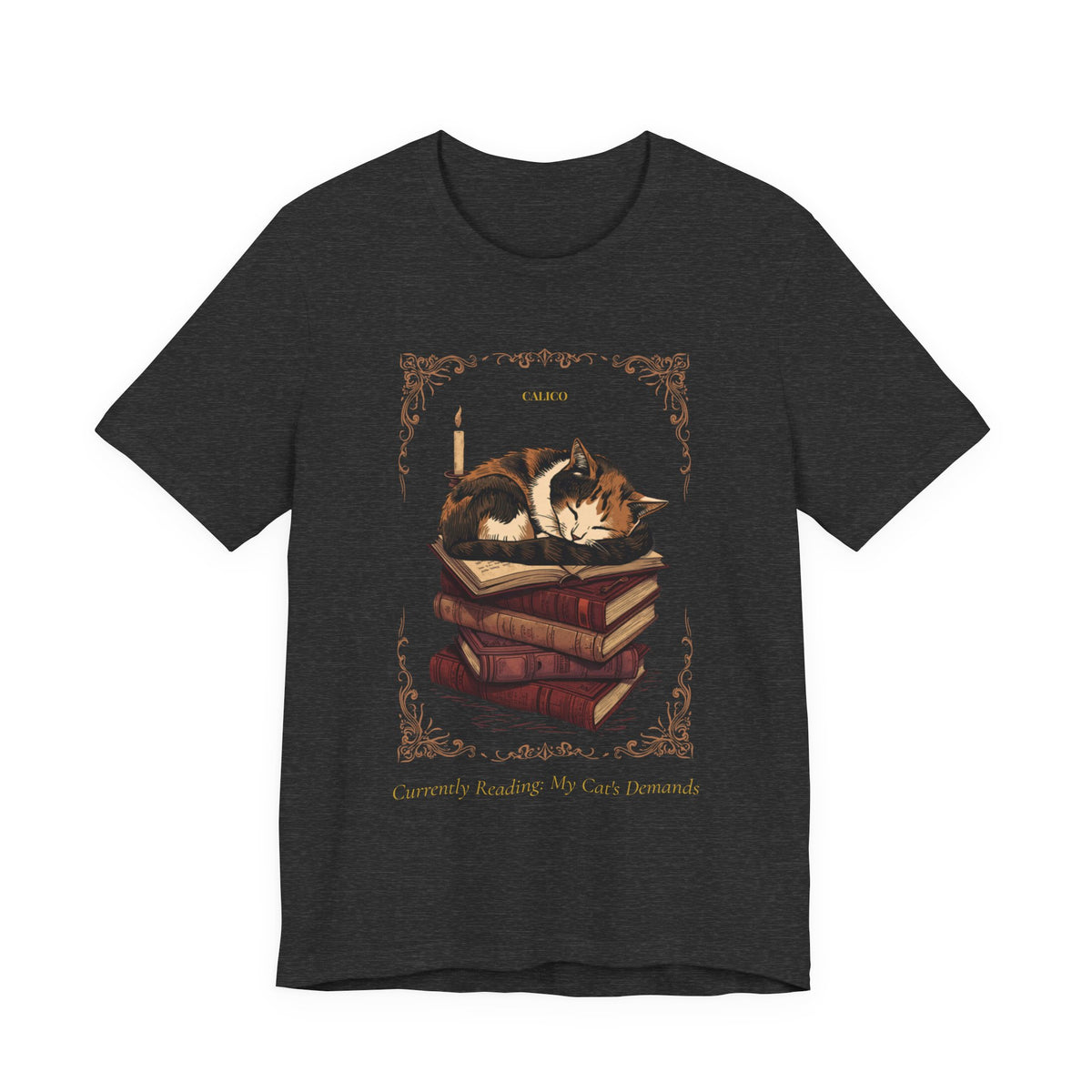 Dark Grey Heather colourway of the Calico Cat t-shirt