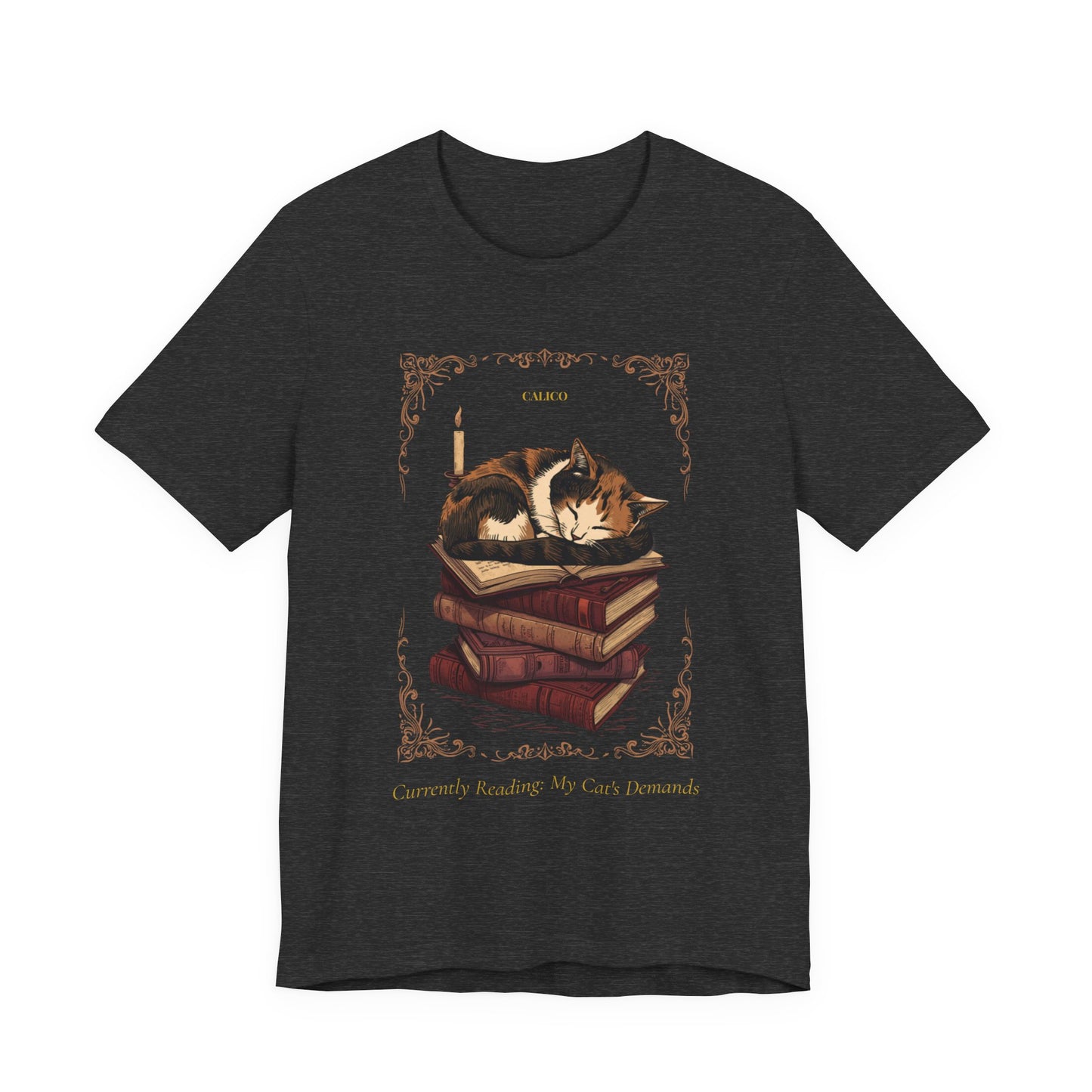 Dark Grey Heather colourway of the Calico Cat t-shirt