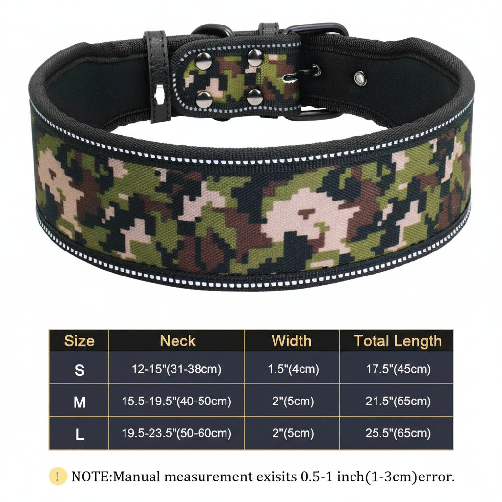 Camouflage dog collar with size chart on a white background