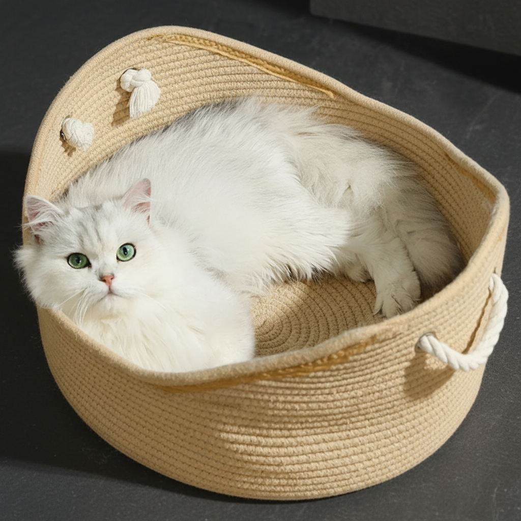 PawWeave™ woven cotton rope cat basket bed in a minimalist living room setting