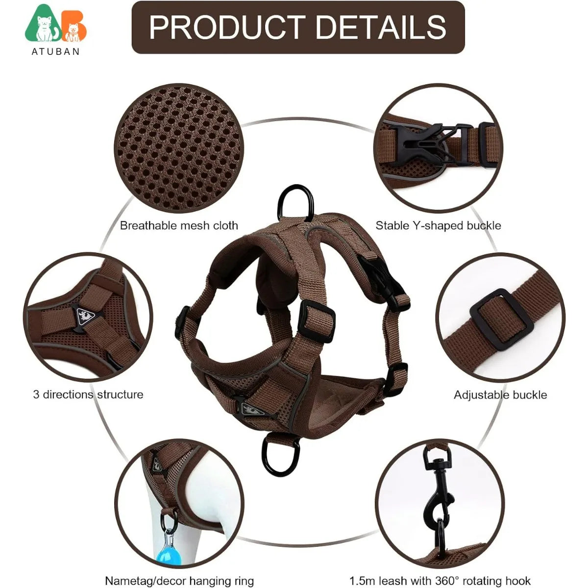 Cat harness close-ups showing mesh, buckle, adjustable strap and leash clip