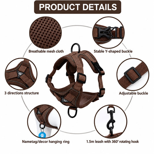 Cat harness details: breathable mesh, buckle, adjustable strap, name tag ring and 150cm leash