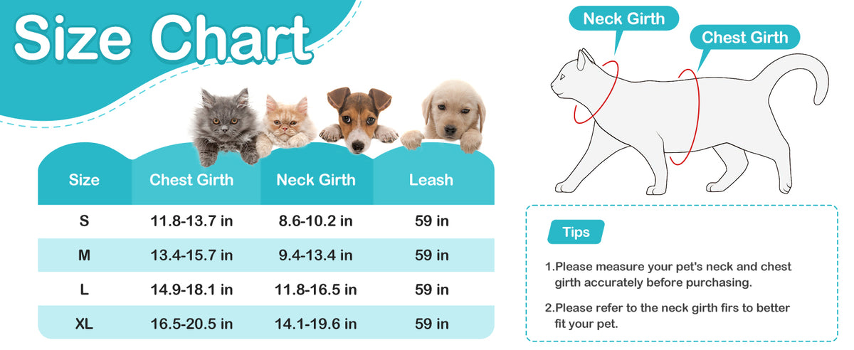Cat harness size chart for S, M, L and XL with neck and chest measurements