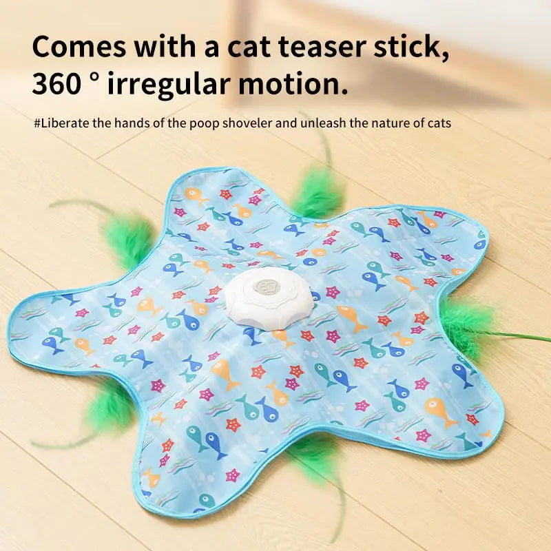 cat playing and pouncing on moving feather toy