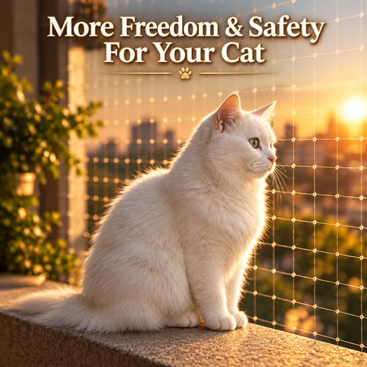 White cat on a balcony ledge beside a cat safety net