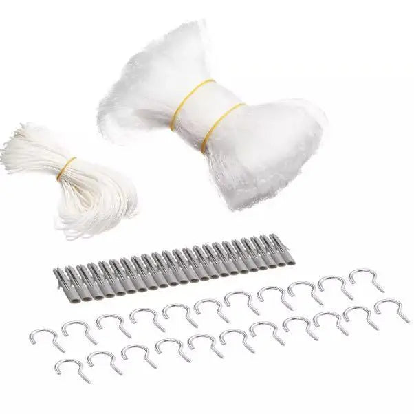 Cat safety net, rope, hooks and rawlplugs laid out together